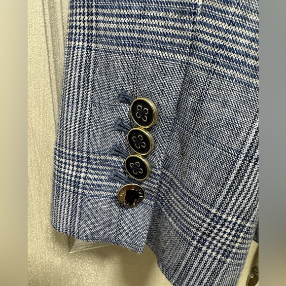 Tommy Hilfiger Women 16 Blue Linen Blend Plaid Two Buttons Blazer - Picture 5 of 14